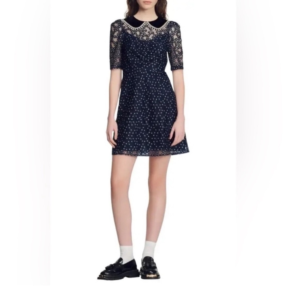 SANDRO Lucianita Dress Navy Lace Mini Dress with Beaded Collar 38 - Picture 4 of 15